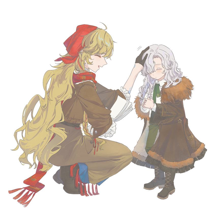2girls, absurdres, age_regression, aged_down, ahoge, arm_out_of_sleeve, black_gloves, blonde_hair