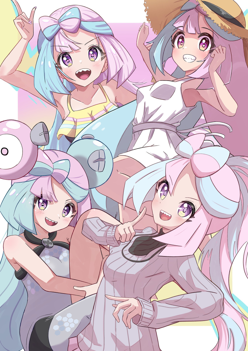 1girl, absurdres, bikini, blue_hair, blue_sky, bow-shaped_hair, breasts, character_hair_ornament