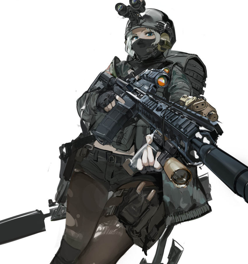 1girl, absurdres, aqua_eyes, assault_rifle, backpack, bag, balaclava, black_bag, black_gloves, black_hat, black_pantyhose, black_shorts, combat_helmet, commentary_request, ear_protection, fingerless_gloves, gagmoo, gloves, green_shirt, gun, hat, helmet, highres, holding, holding_gun, holding_weapon, holster, korean_commentary, looking_at_viewer, magazine_(weapon), micro_shorts, midriff_peek, military_combat_uniform, night_vision_device, pantyhose, pouch, project_zomboid, rifle, scope, shirt, short_hair, shorts, simple_background, solo, suppressor, thigh_holster, trigger_discipline, weapon, white_background, white_hair