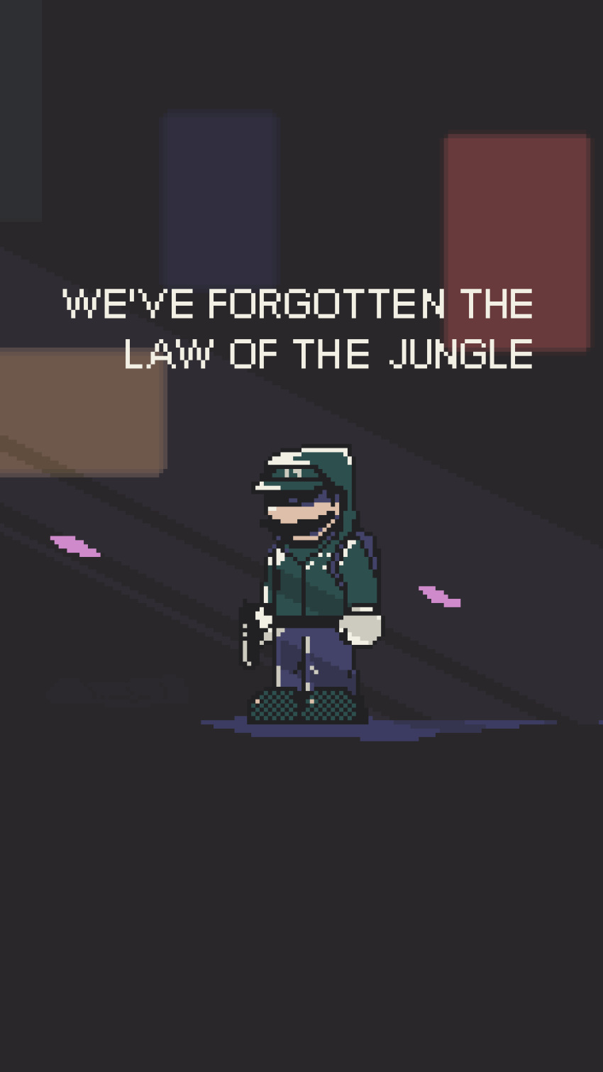 1boy, animated, animated_gif, backpack, bag, black_background, black_hair, blue_bag, blue_pants, commentary, cosplay, english_commentary, english_text, facial_hair, falling_petals, gloves, green_footwear, green_hat, green_jacket, gun, handgun, hat, highres, holding, holding_gun, holding_weapon, hood, hood_up, hooded_jacket, jacket, killing_of_brian_thompson, long_sleeves, looping_animation, luigi, luigi_mangione, luigi_mangione_(cosplay), male_focus, mustache, name_connection, pants, petals, pixel_art, real_life, shade, shoes, sidelighting, sleepy_ghost, solo, standing, super_mario_bros., weapon, white_gloves, wind
