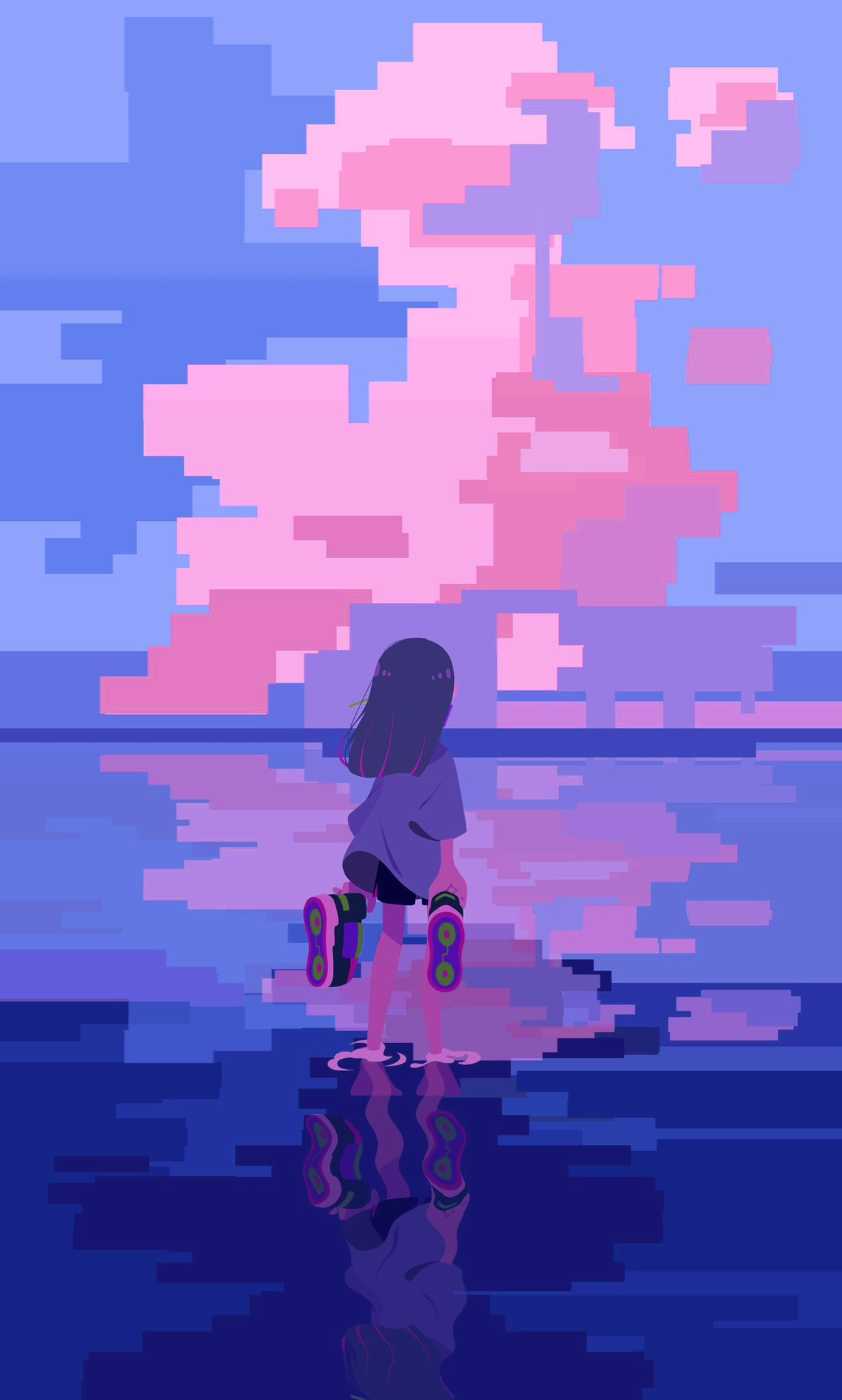 1girl, alternate_hairstyle, black_footwear, black_shorts, colored_inner_hair, floating_clothes, floating_hair, highres, holding, holding_shoes, holding_unworn_clothes, long_hair, multicolored_hair, nira-chan, nira-chan_(obenkyou_shitoiteyo)_(zutomayo), no_lineart, obenkyou_shitoiteyo, piyotamago02, purple_hair, purple_shirt, purple_theme, shirt, shoes, shorts, standing, streaked_hair, unworn_shoes, zutto_mayonaka_de_ii_no_ni