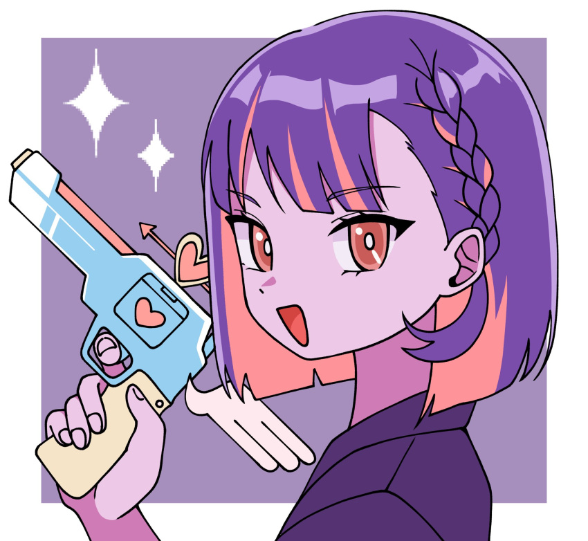 1girl, :d, border, colored_inner_hair, fingernails, gun, highres, holding
