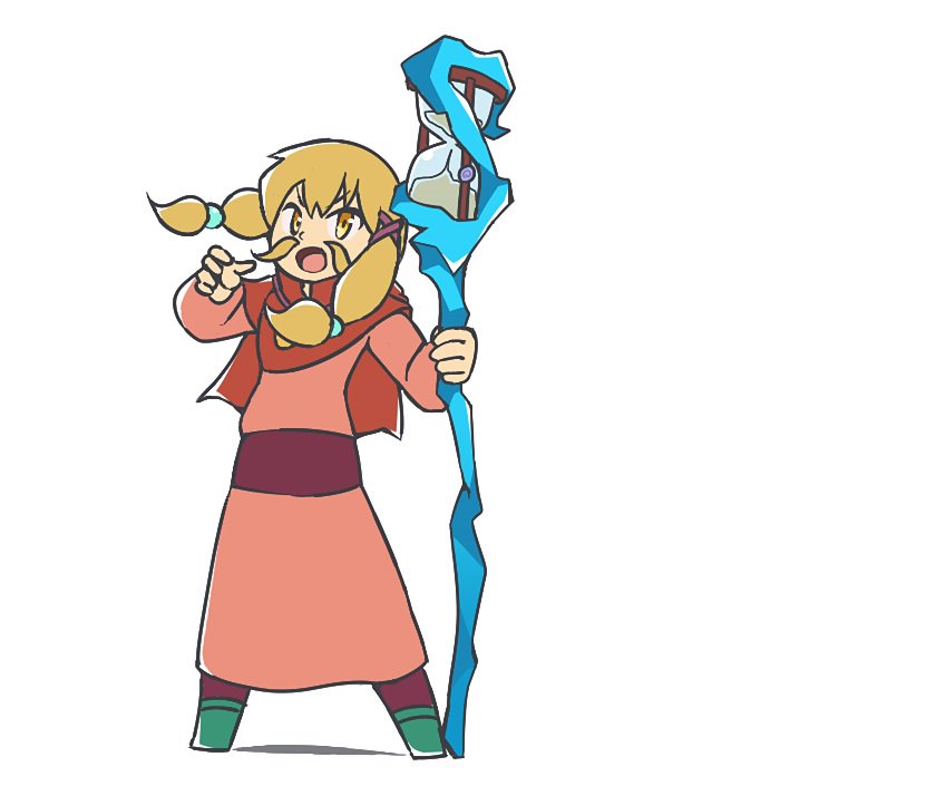 1girl, :o, a_hat_in_time, blonde_hair, capelet, check_commentary, commentary, commentary_request, dress, facial_hair, full_body, green_footwear, hair_ornament, holding, holding_staff, hourglass, long_hair, looking_at_viewer, mustache, mustache_girl, open_mouth, oudon_tue, red_capelet, red_dress, shadow, simple_background, solo, staff, standing, v-shaped_eyebrows, white_background, yellow_eyes