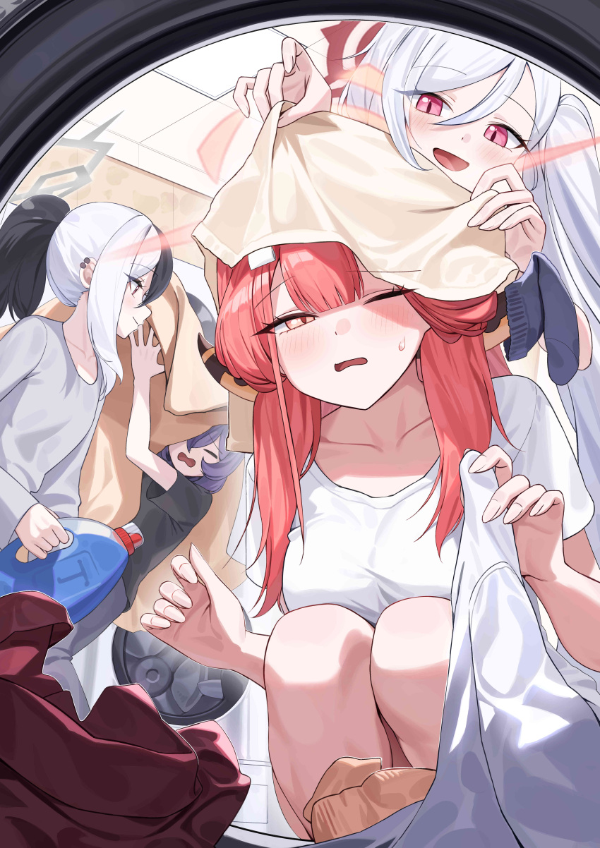 4girls, absurdres, alternate_costume, aru_(blue_archive), black_hair, blue_archive, blue_hair, blush