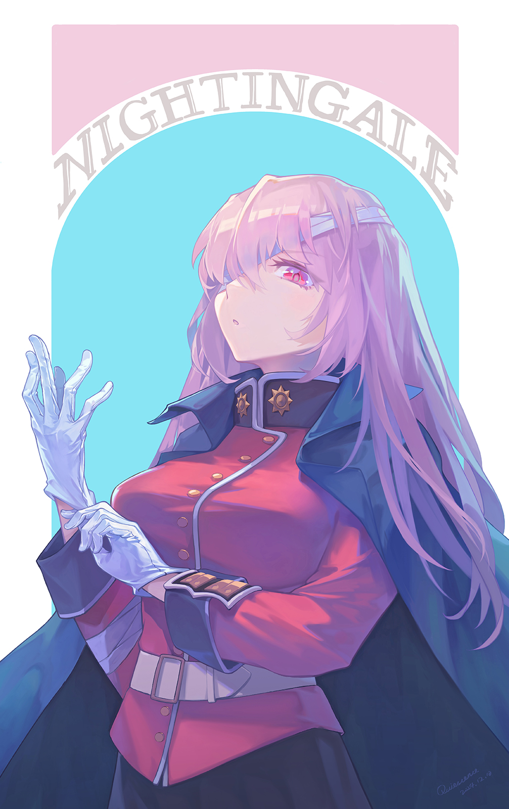 1girl, adjusting_clothes, adjusting_gloves, bandage_over_one_eye, belt, breasts, character_name, coat