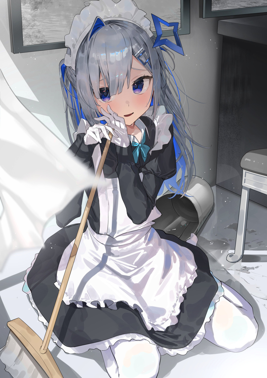 1girl, absurdres, alternate_costume, amane_kanata, apron, black_dress, blue_bow, blue_bowtie