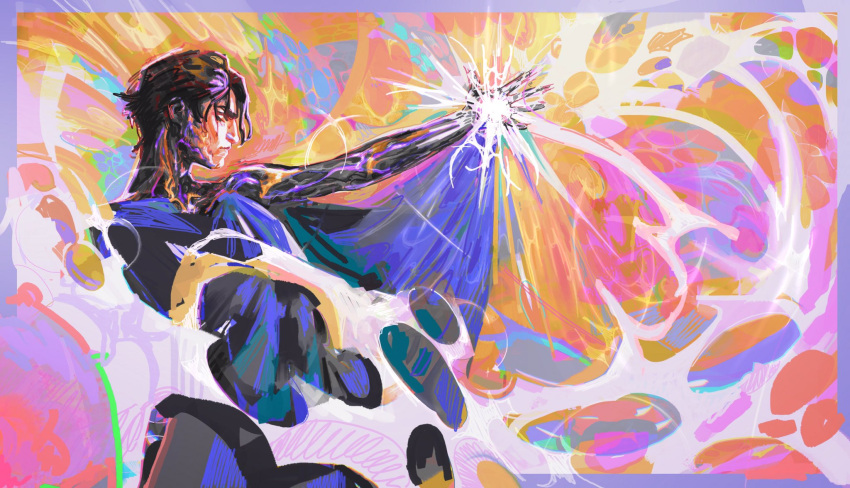 1boy, arcane:_league_of_legends, brown_hair, cape, cowboy_shot, from_side, hex_core, highres