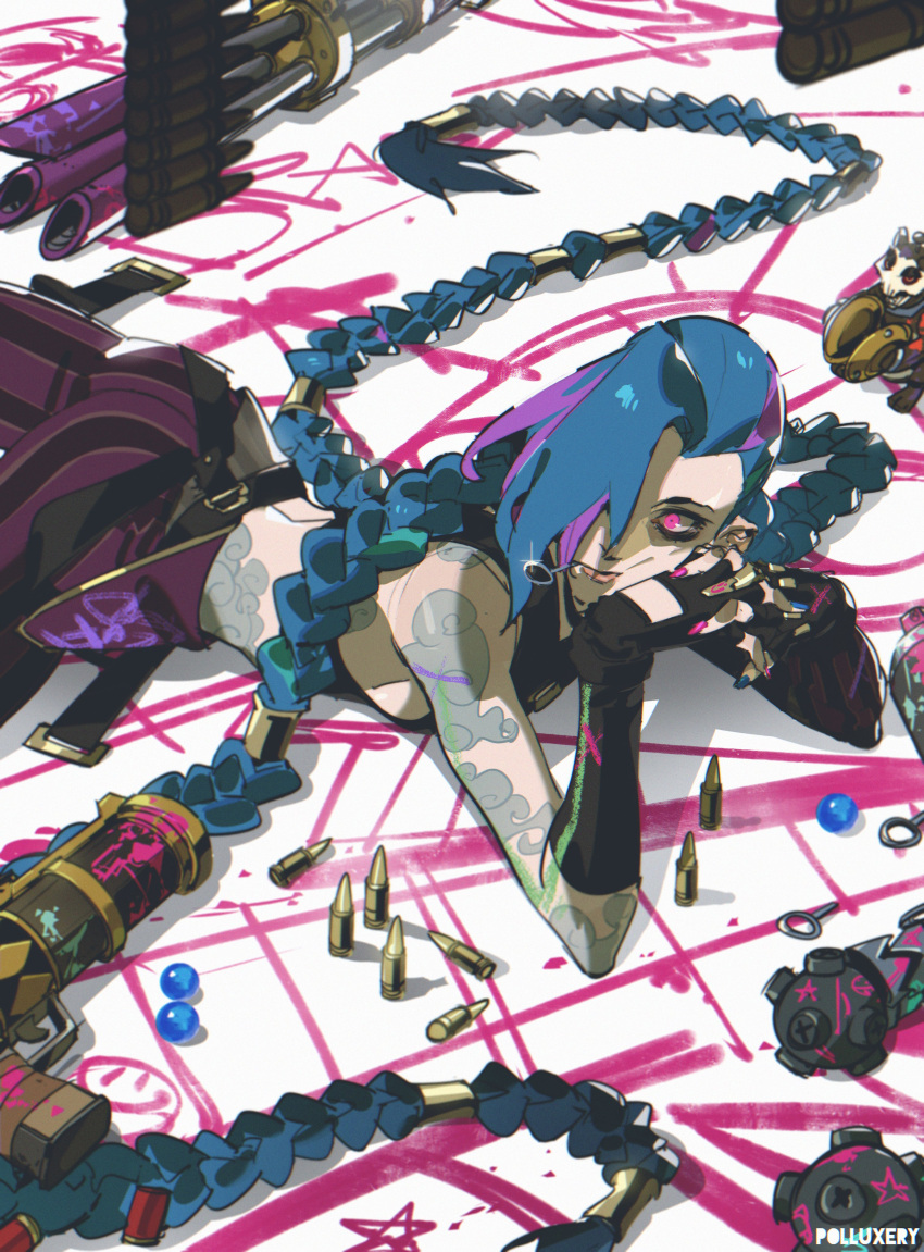 1girl, absurdres, arcane:_league_of_legends, arcane_jinx, artist_name, bare_shoulders, blue_hair, braid