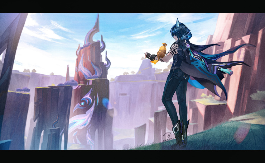 1boy, absurdres, animal, animal_ears, animal_on_arm, anna_(drw01), arm_markings, bat_ears