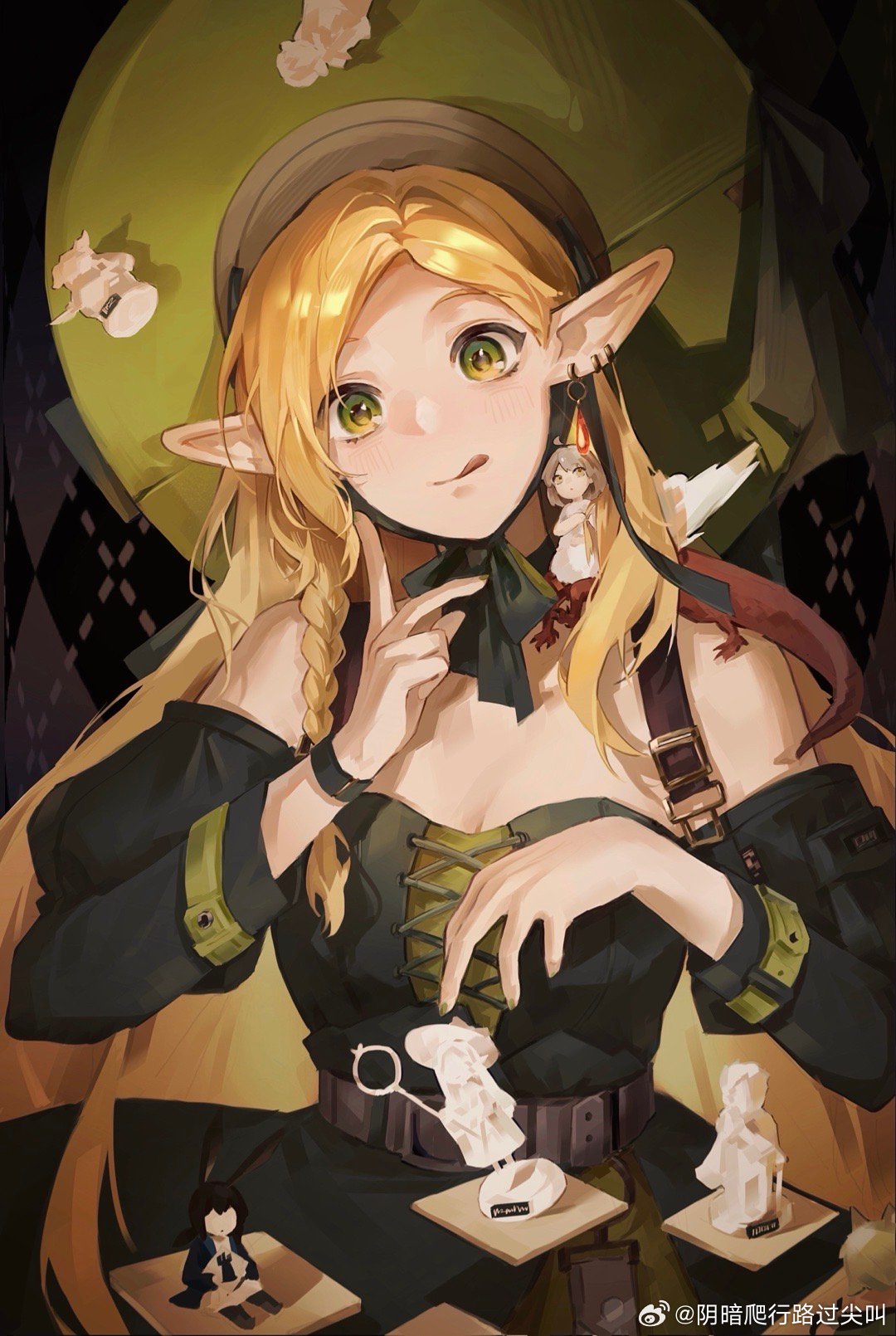 1girl, :q, amiya_(arknights), argyle_background, arknights, bare_shoulders, belt, black_bow, black_dress, blonde_hair, bow, braid, brown_belt, character_request, chess_piece, chin_strap, cross-laced_clothes, dark_background, dress, dungeon_meshi, earrings, elf, finger_to_cheek, green_eyes, green_hat, hands_up, hat, head_tilt, highres, index_finger_raised, jewelry, juliet_sleeves, long_hair, long_sleeves, looking_at_viewer, marcille_donato, marcille_donato_(terra_&amp;_traveller), off-shoulder_dress, off_shoulder, official_alternate_costume, pointy_ears, puffy_sleeves, single_braid, solo, tong_bei_wangu_chen, tongue, tongue_out, upper_body, weibo_logo, weibo_watermark