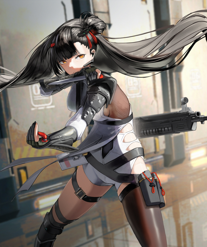 1girl, absurdres, aoi_wakashi_chiyo, arm_armor, armor, assault_rifle, asymmetrical_legwear, black_gloves