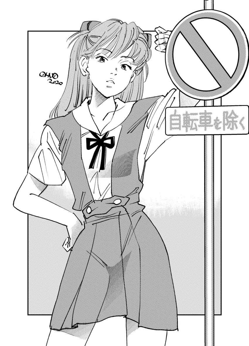 1girl, border, dated, dress, greyscale, hand_on_own_hip, highres, interface_headset