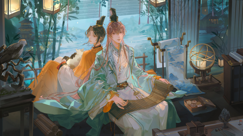 2boys, absurdres, aqua_hanfu, azz, bamboo, bird, black_hair, bonsai