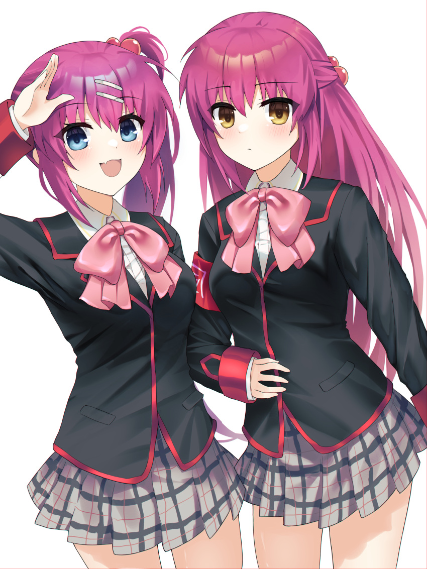 2girls, :d, arm_at_side, armband, black_jacket, blue_eyes, blush, bow
