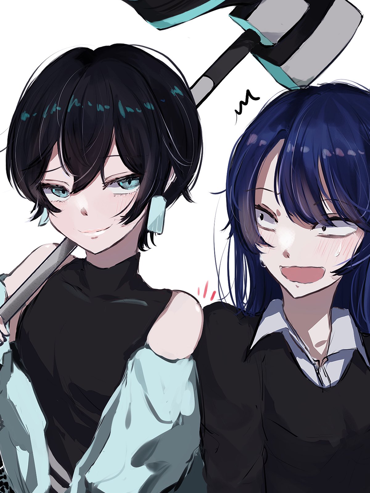 2girls, ado_(utaite), aqua_eyes, atashi_wa_mondaisaku, black_hair, black_shirt, black_sweater, blue_hair