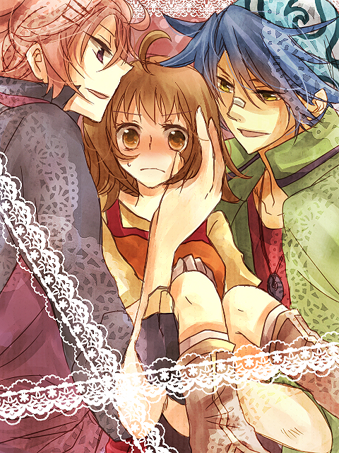 apron, bandage, bandages, bandana, blue_hair, blush, boots, brown_hair, chase_(harvest_moon), hair_ornament, hairclip, harvest_moon, harvest_moon_animal_parade, harvest_moon_tree_of_tranquility, luke_(harvest_moon), molly_(harvest_moon), ruirui69