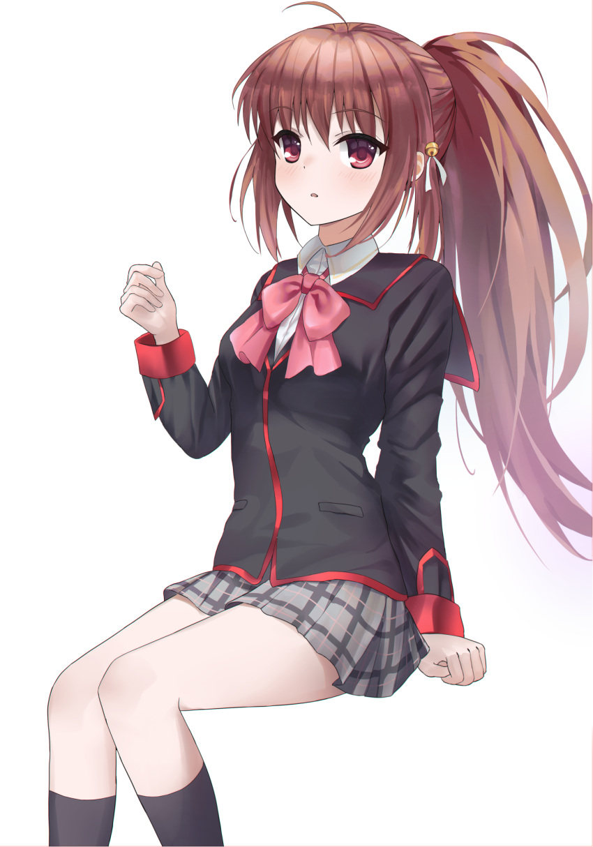 1girl, ahoge, arm_at_side, bell, black_jacket, black_socks, blush, bow