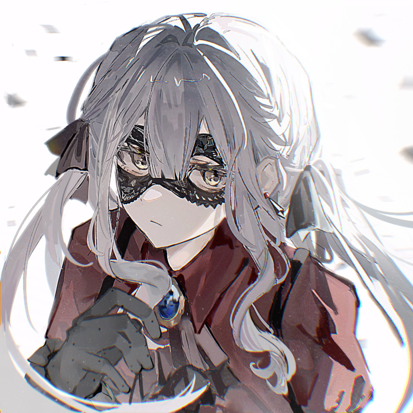 1girl, ascot, bang_dream!, bang_dream!_it's_mygo!!!!!, black_ascot, black_gloves, black_mask, black_ribbon