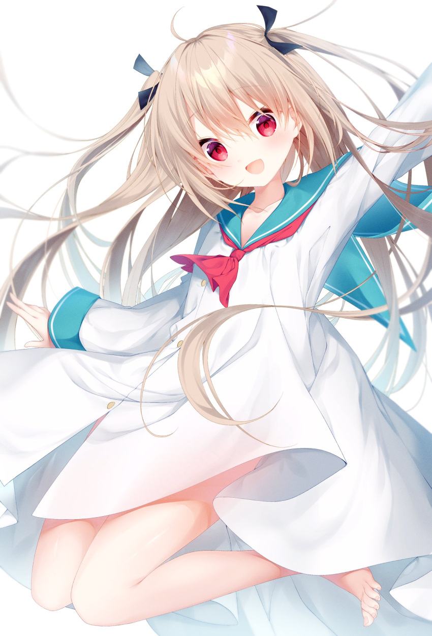 1girl, :d, absurdres, ahoge, arm_up, ascot, atri, atri-my_dear_moments-, barefoot, black_ribbon, blue_sailor_collar, blurry, blush, brown_hair, commentary, depth_of_field, dress, floating_clothes, floating_hair, fuwa_mochiri, hair_between_eyes, hair_ribbon, hand_up, happy, highres, long_hair, long_sleeves, looking_at_viewer, open_mouth, red_ascot, red_eyes, ribbon, sailor_collar, sailor_dress, shiny_skin, simple_background, sitting, smile, solo, toenails, toes, two_side_up, very_long_hair, wariza, white_background, white_dress, wide_sleeves