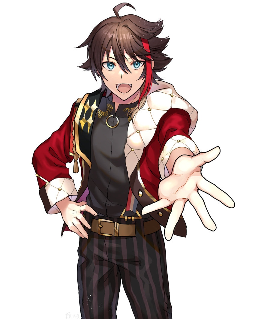 1boy, belt, belt_buckle, black_pants, black_shirt, blue_eyes, brown_belt, brown_hair