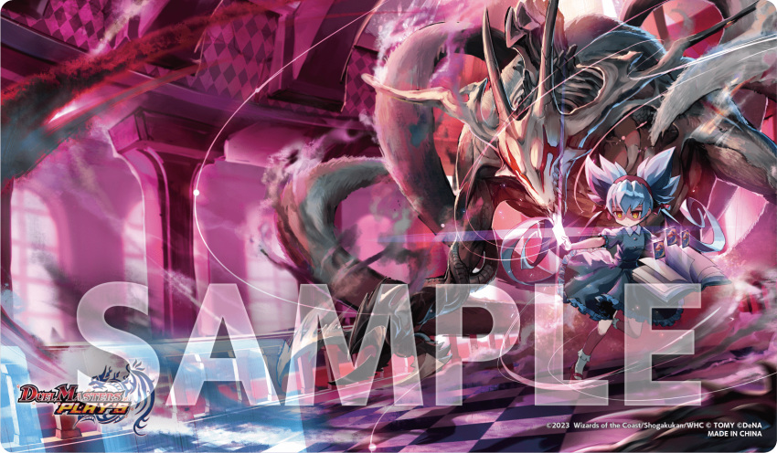 1girl, artist_request, blue_dress, book, card, dragon, dress, duel_masters