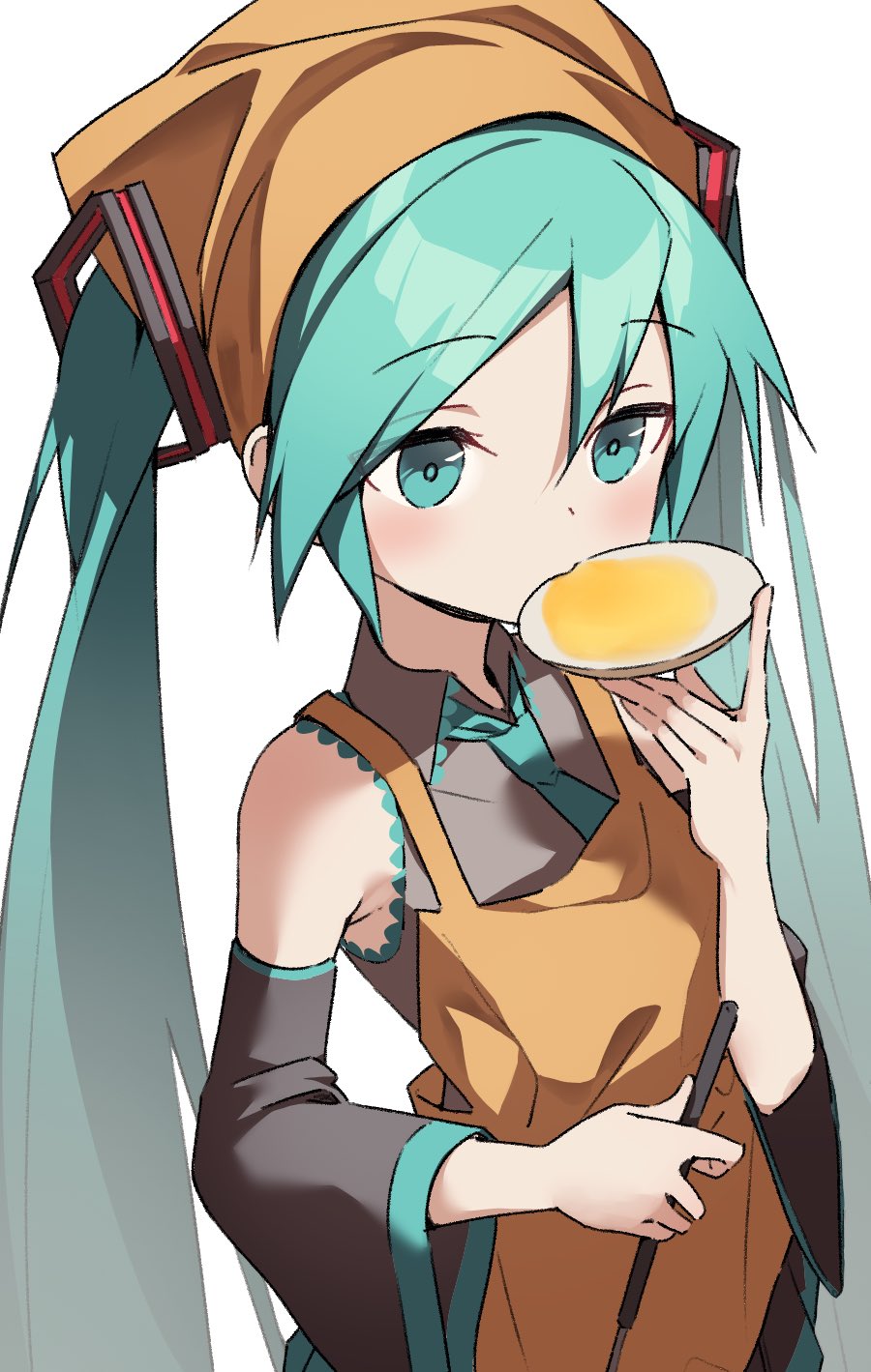 1girl, apron, aqua_eyes, aqua_hair, aqua_necktie, aqua_trim, bare_shoulders, black_skirt, black_sleeves, brown_apron, brown_turban, collared_shirt, detached_sleeves, food, food_in_mouth, grey_shirt, hatsune_miku, highres, holding, holding_food, natoruuuu, necktie, shirt, skirt, turban, twintails, vocaloid