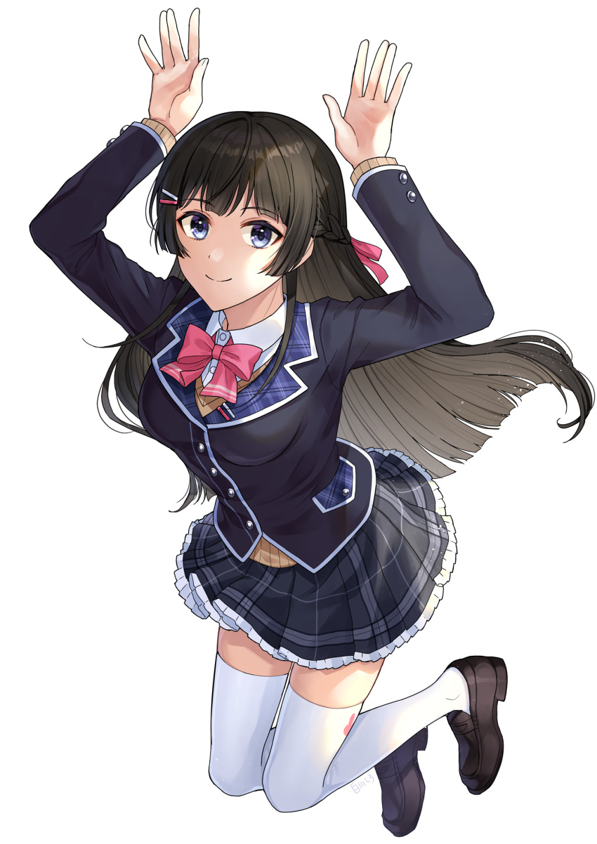 1girl, arms_up, black_footwear, black_hair, black_jacket, bow, bowtie, checkered_clothes