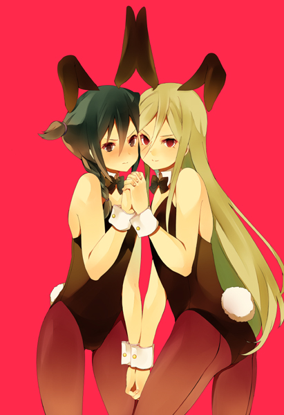 2girls, afuro_terumi, ai5108, animal_ears, bad_id, black_hair, blonde_hair, bowtie