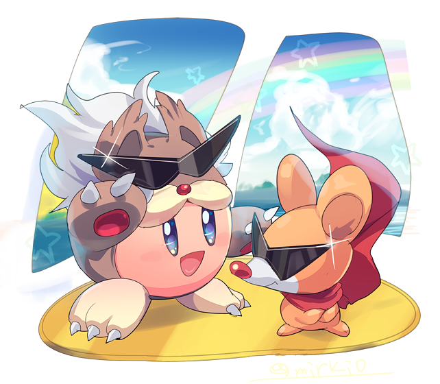 animal, animal_costume, animal_kirby, blue_eyes, blue_sky, blush_stickers, cape, closed_mouth