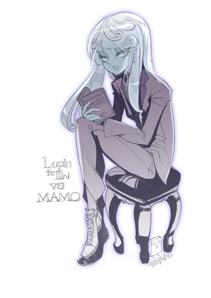 1boy, artist_name, book, choco_(chocolate_shop), colored_skin, commentary_request, copyright_name, crossed_legs, dated, dress_pants, english_text, expressionless, full_body, grey_eyes, grey_hair, grey_skin, holding, holding_book, jacket, limited_palette, lips, long_hair, long_sleeves, looking_at_viewer, lupin_iii, male_focus, mamo_(lupin_iii), on_stool, open_book, outline, parted_bangs, parted_lips, purple_outline, sanpaku, shoes, sidelocks, simple_background, sitting, solo, staring, suit, suit_jacket, tsurime, v-shaped_eyebrows, white_background