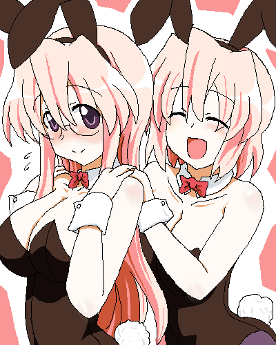 2girls, age_difference, breasts, bunny_ears, bunnysuit, closed_eyes, eyes_closed, glasses
