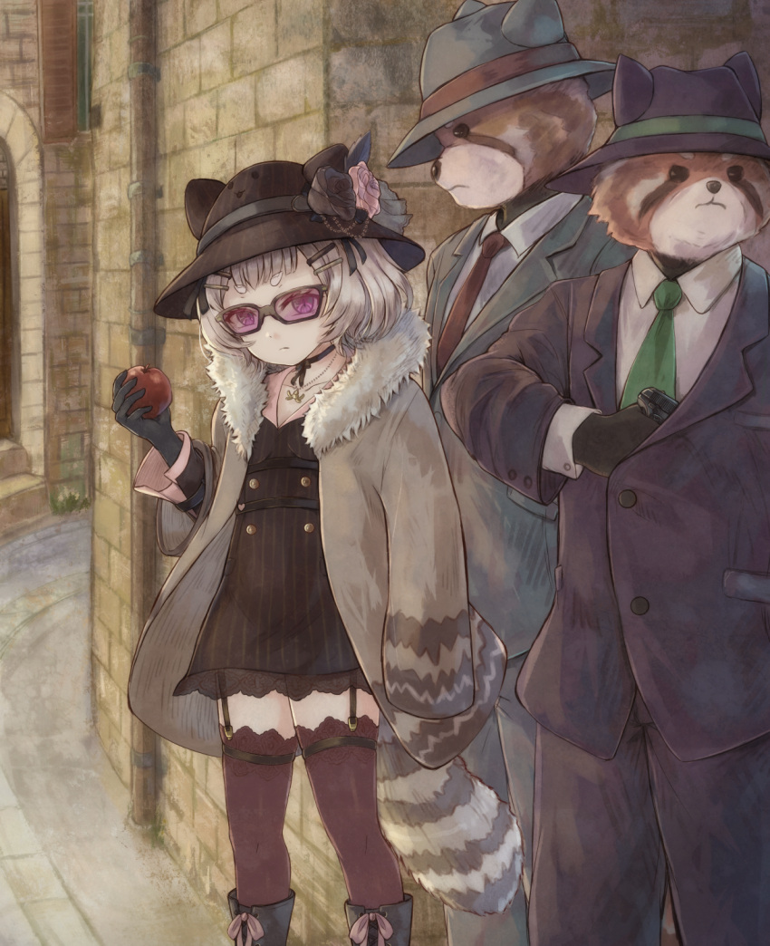 1girl, 2boys, animal_ears, animal_hat, apple, black_dress, black_flower, black_gloves