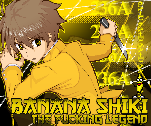 1boy, alternate_color, attack, attack_trail, banana, brown_hair, character_name, command_input, english_text, fighting_game, food, fruit, gakuran, gameplay_mechanics, jacket, knife, long_sleeves, looking_at_viewer, melty_blood, meme, mystic_eyes_of_death_perception, nanatsu-yoru, official_alternate_color, peanut_butter_jelly_time, reverse_grip, school_uniform, short_hair, sikskiez, tohno_shiki, tsukihime, yellow_background, yellow_eyes, yellow_jacket, yellow_text, yellow_theme
