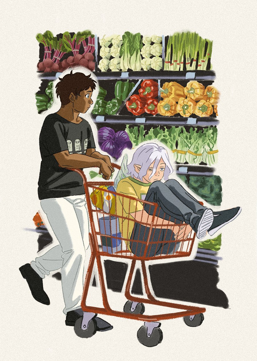 2boys, amber389, bags_under_eyes, black_eyes, black_hair, blue_eyes, contemporary, curly_hair