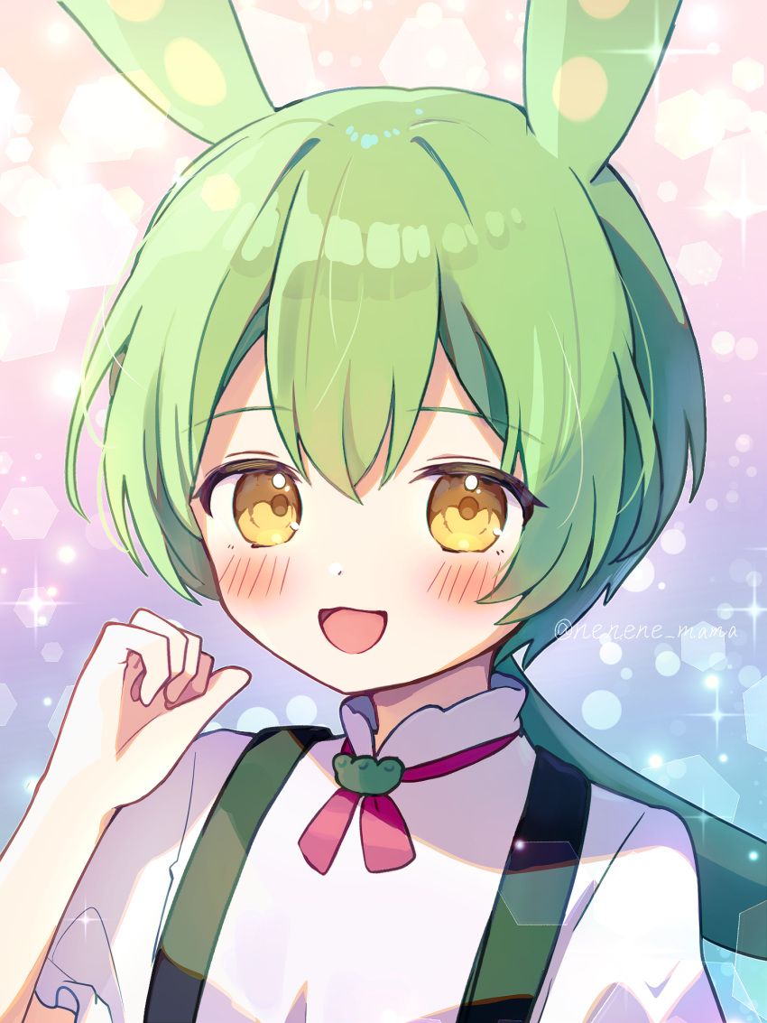 1girl, :d, animal_ears, blush, commentary_request, green_hair, hand_up, highres, looking_at_viewer, neck_ribbon, nene_man, open_mouth, pink_ribbon, ponytail, portrait, ribbon, shirt, short_sleeves, smile, solo, sparkle, suspenders, twitter_username, voicevox, white_shirt, yellow_eyes, zundamon