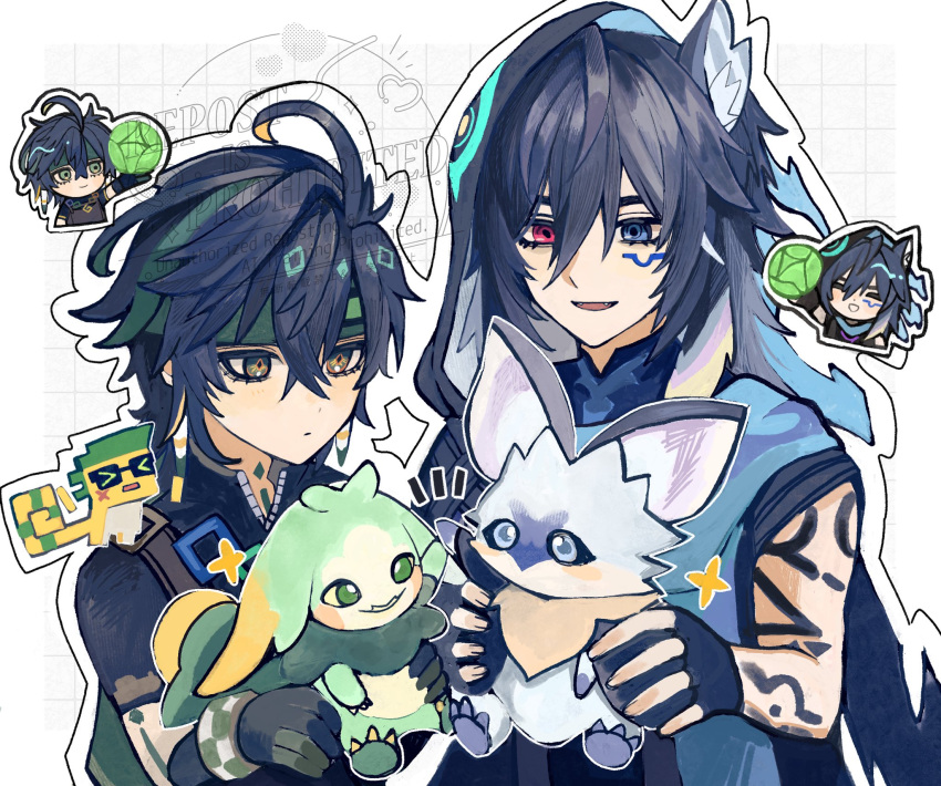 >_<, 2boys, :d, ^_^, ajaw_(genshin_impact), animal_ear_fluff, animal_ears, antenna_hair