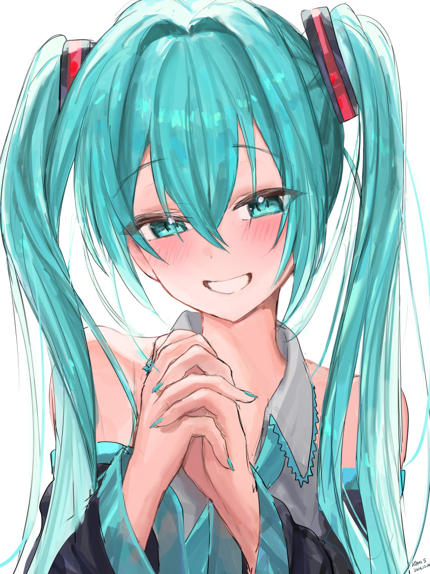 1girl, aqua_eyes, aqua_hair, aqua_nails, bare_shoulders, blush, detached_sleeves, frilled_shirt_collar