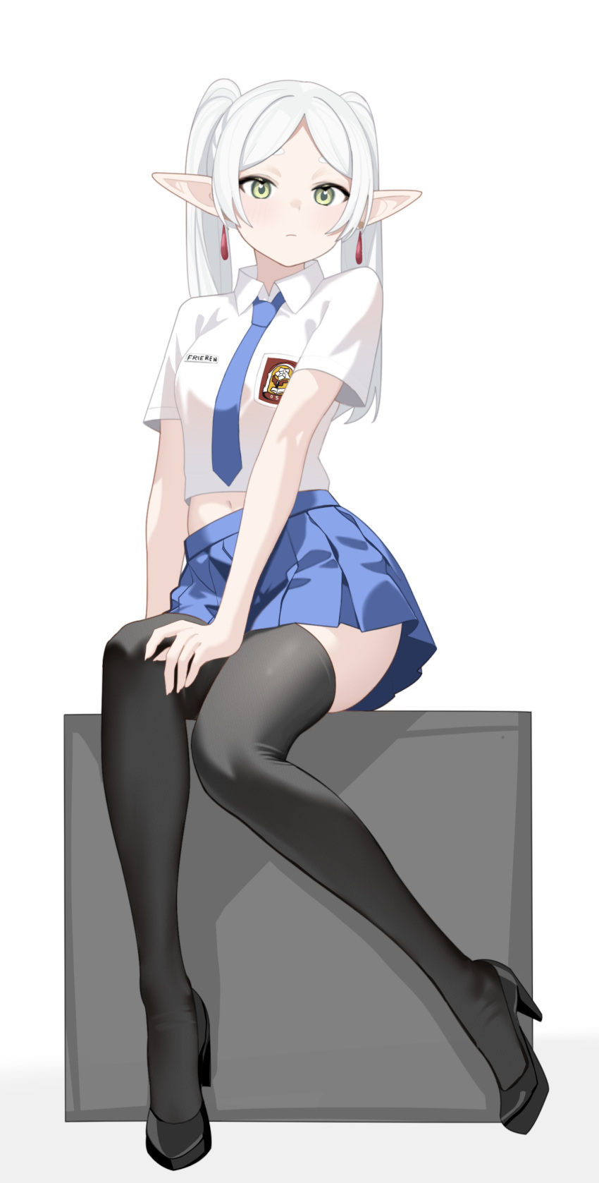 1girl, absurdres, black_footwear, blush, collared_shirt, elf, frieren, green_eyes, high_heels, highres, izumi_(izzmuui), light_blush, looking_at_viewer, midriff, midriff_peek, miniskirt, necktie, pleated_skirt, pointy_ears, school_uniform, shirt, simple_background, sitting, skirt, solo, sousou_no_frieren, thigh-highs, thighs, twintails, white_background, white_shirt