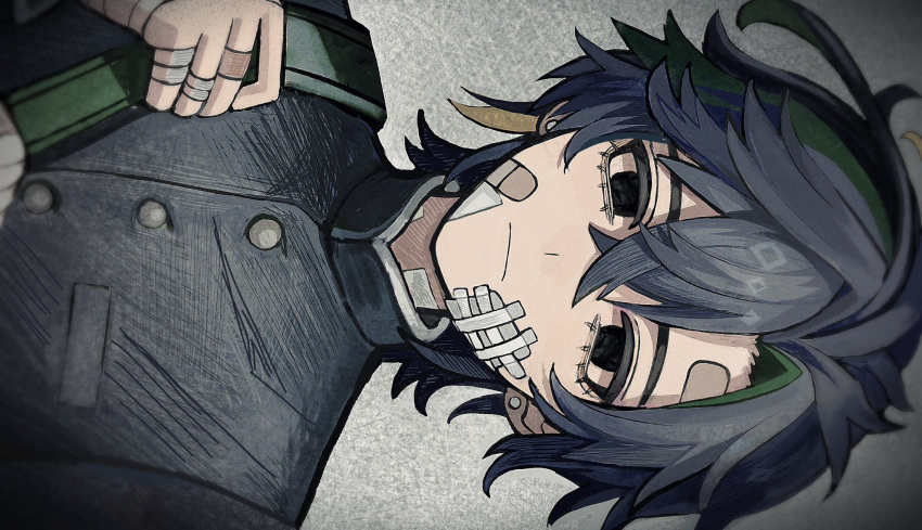 1boy, asatya_ny, bag, bandaged_fingers, bandages, bandaid, bandaid_on_cheek, bandaid_on_face