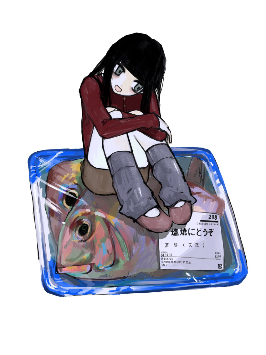 1girl, black_hair, blunt_bangs, brown_skirt, colored_skin, crossed_arms, fish, fish_(food)