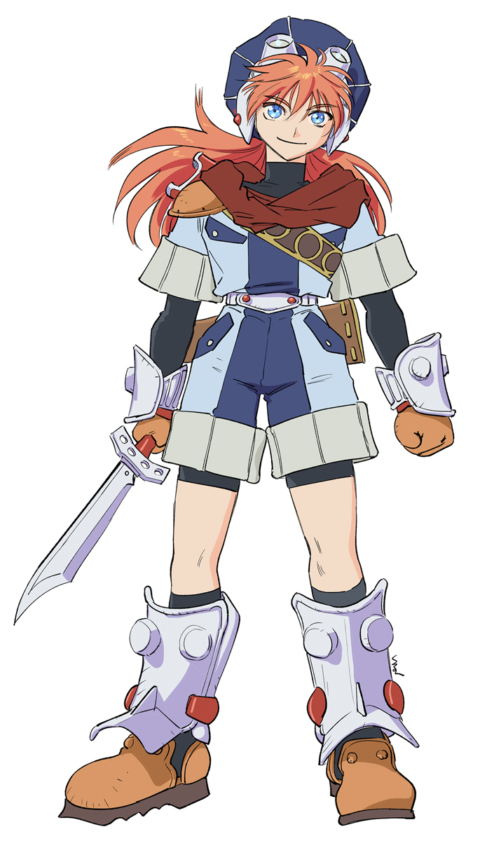 1boy, bike_shorts, bike_shorts_under_shorts, blue_hat, clenched_hand, closed_mouth, fluffy_hair, full_body, goggles, goggles_on_headwear, grandia, grandia_i, hat, highres, holding, holding_sword, holding_weapon, justin_(grandia), long_hair, male_focus, orange_hair, poppoqo, shorts, smile, sword, weapon, weapon_request