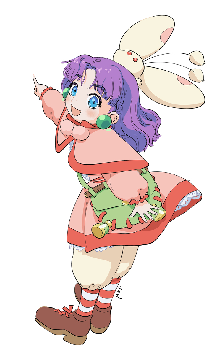 1girl, :d, blue_eyes, capelet, child, creature, creature_on_head, dress, earrings, grandia, grandia_i, highres, jewelry, long_sleeves, medium_hair, pink_capelet, poppoqo, puffy_long_sleeves, puffy_sleeves, puui_(grandia), smile, socks, sphere_earrings, striped_clothes, striped_socks, sue_(grandia), thick_eyebrows