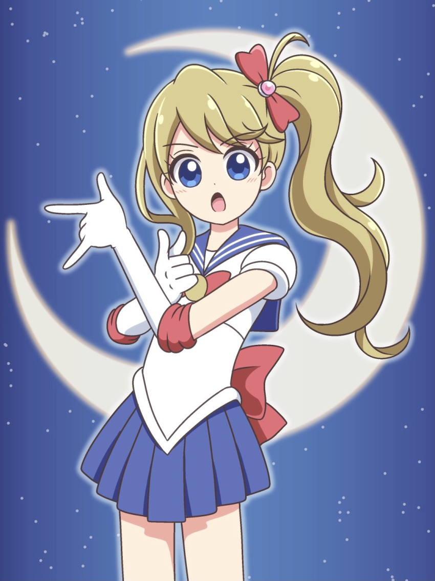 1girl, \m/, back_bow, bishoujo_senshi_sailor_moon, blonde_hair, blue_eyes, blue_sailor_collar, blue_skirt