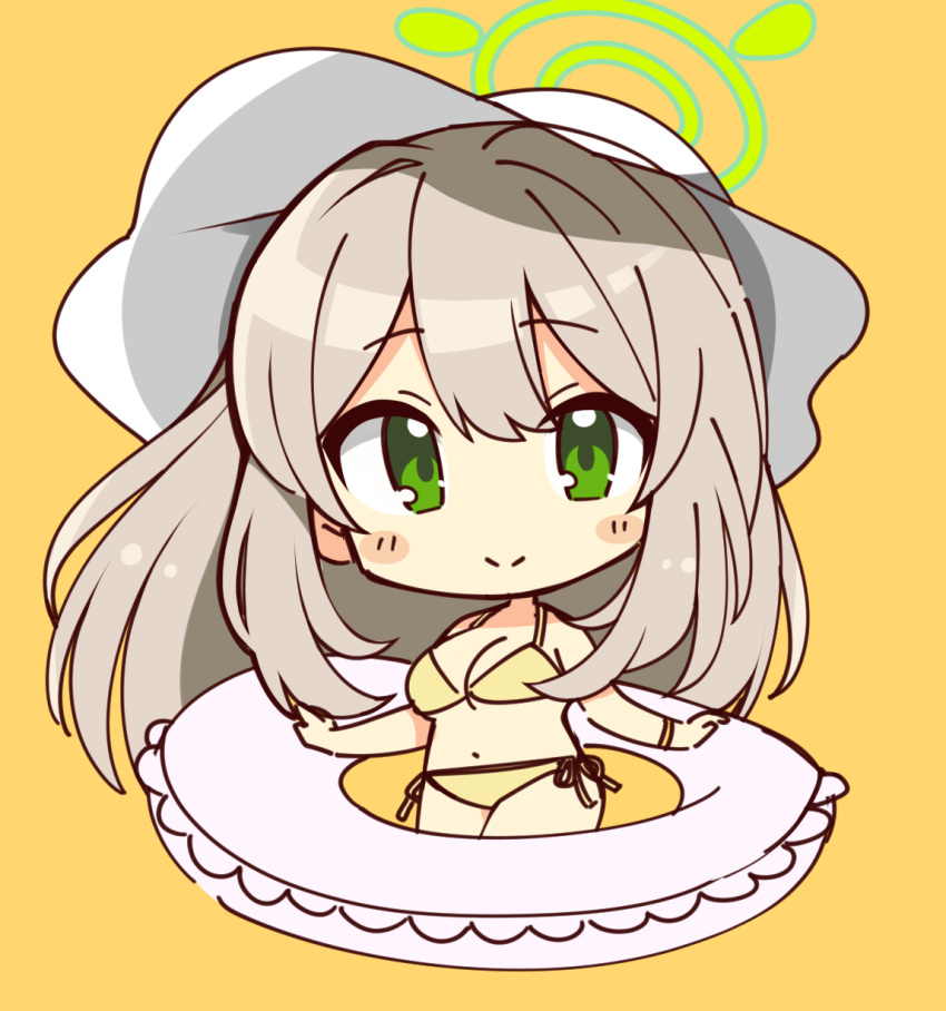 1girl, bikini, blue_archive, blush_stickers, breasts, brown_hair, chibi, closed_mouth