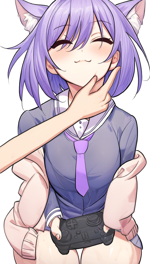 1girl, 1other, :3, ^_^, animal_ear_fluff, black_shirt, blush, cardigan