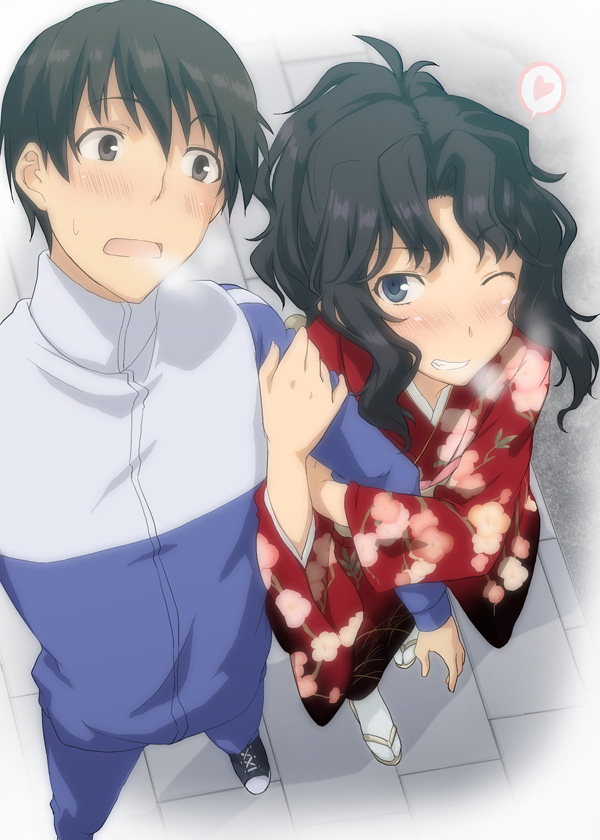 1girl, amagami, arm_hug, black_hair, blue_eyes, blush, breath, brown_eyes