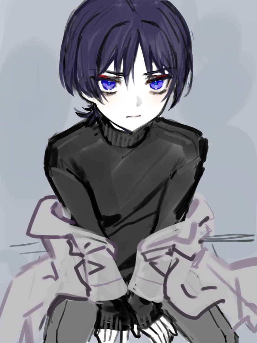 1boy, arms_between_legs, black_gloves, black_hair, black_shirt, black_sleeves, blunt_ends, closed_mouth