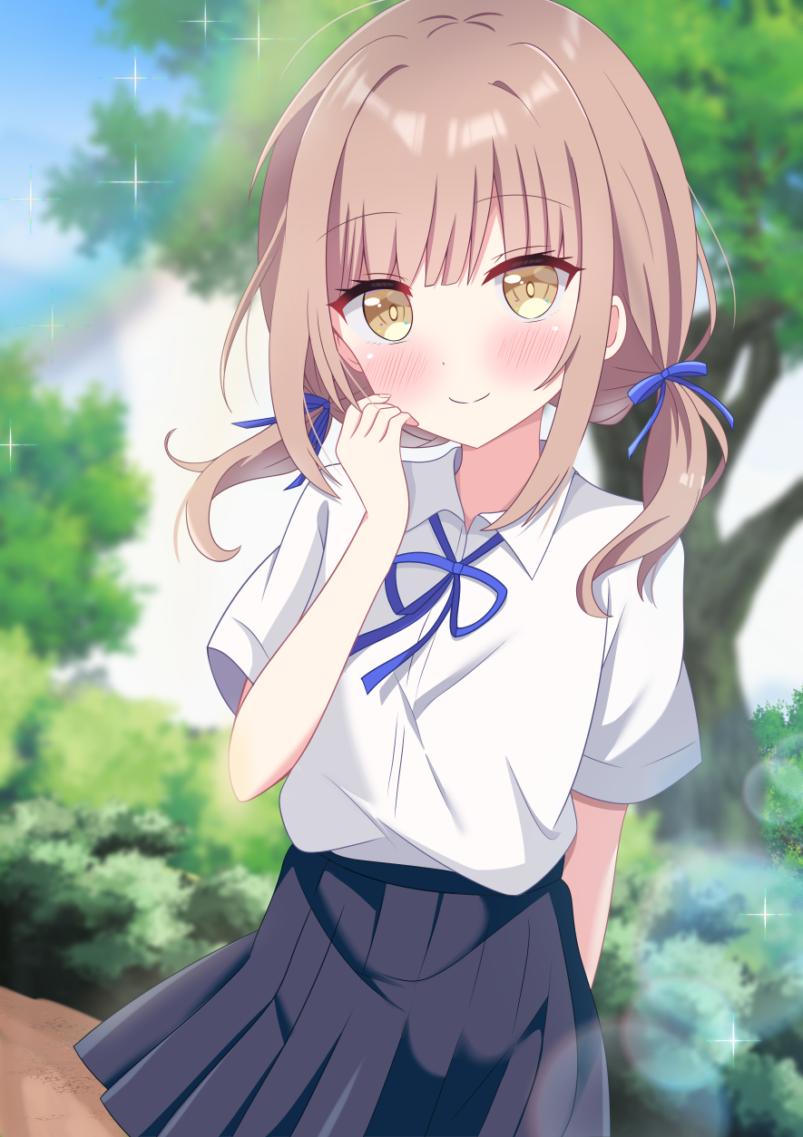 1girl, arm_behind_back, blurry, blurry_background, blush, brown_hair, commentary_request, day