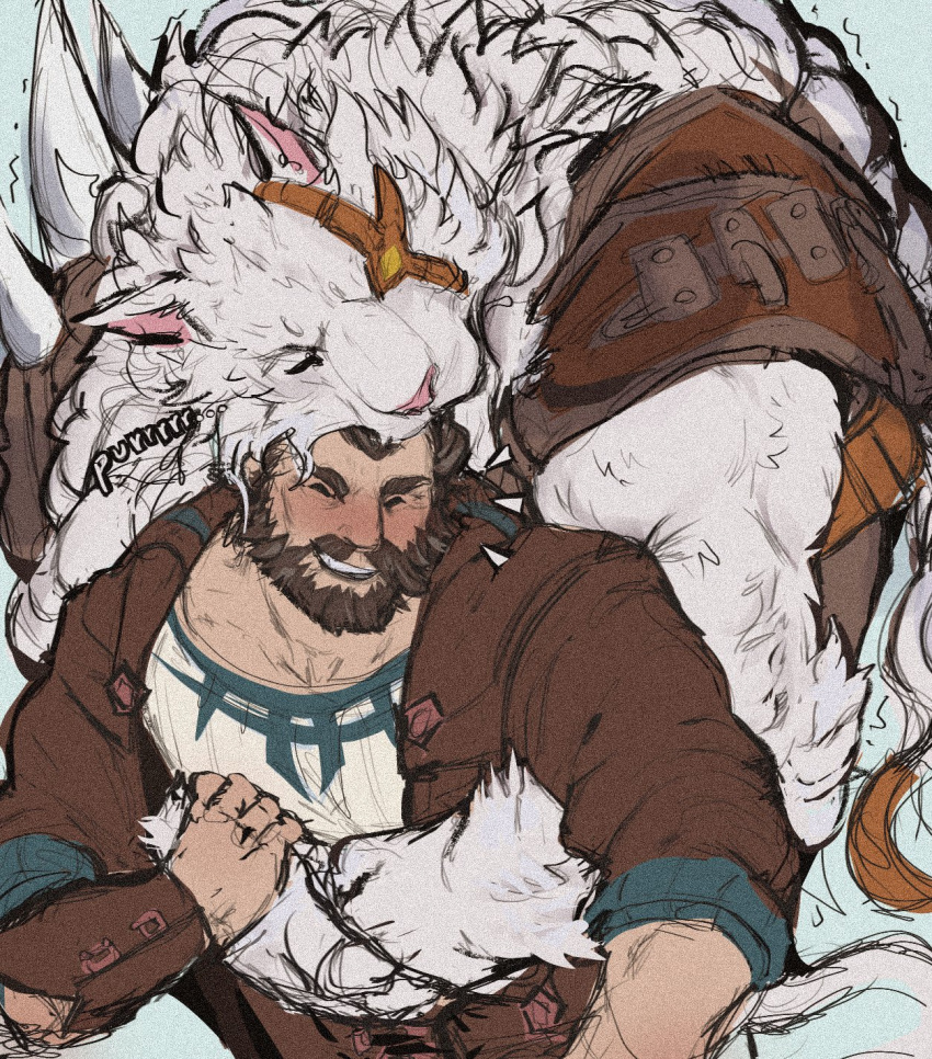 2boys, animal_ears, arcane:_league_of_legends, armor, beard, blush, braid, brown_hair