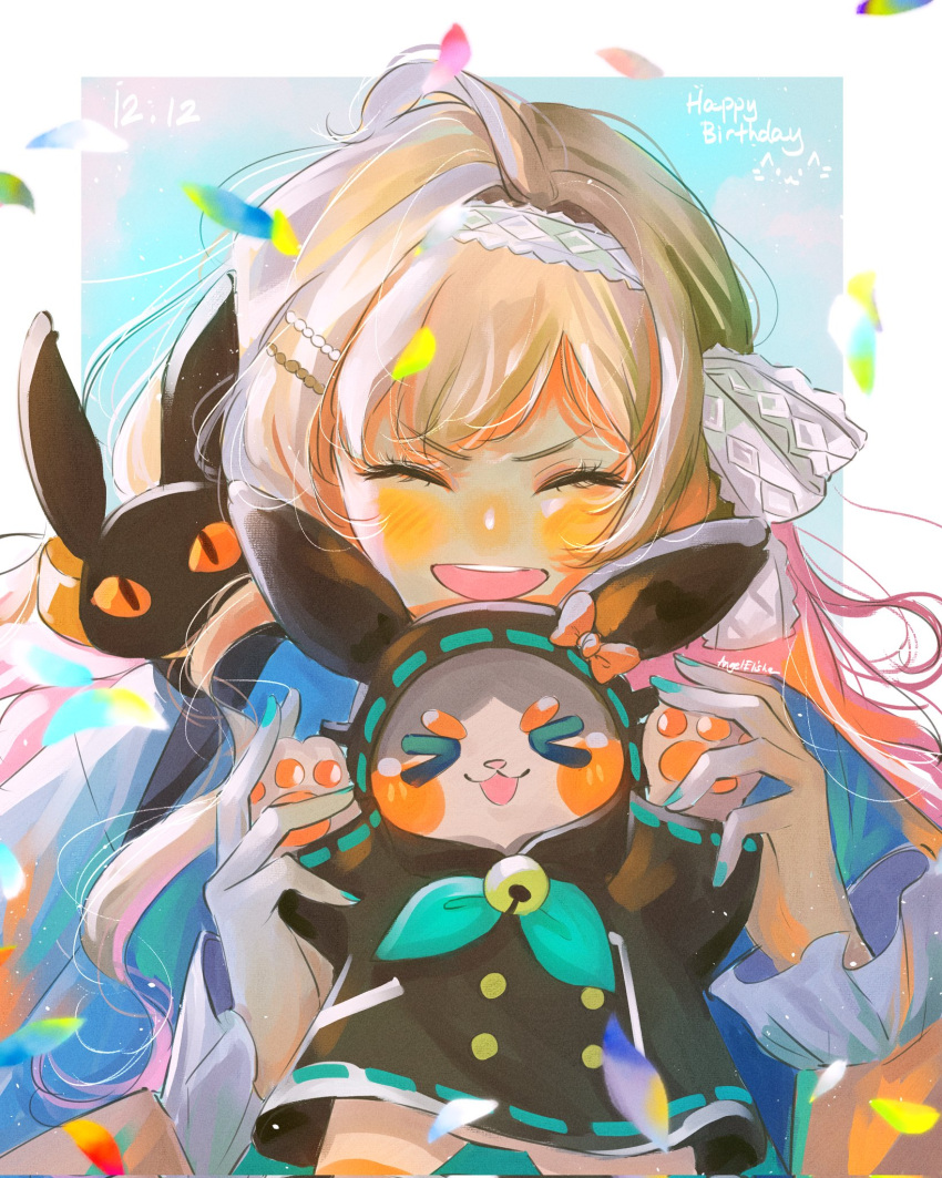 >_<, 1girl, :d, ahoge, angelelisha_art, aqua_nails, artist_name, bell